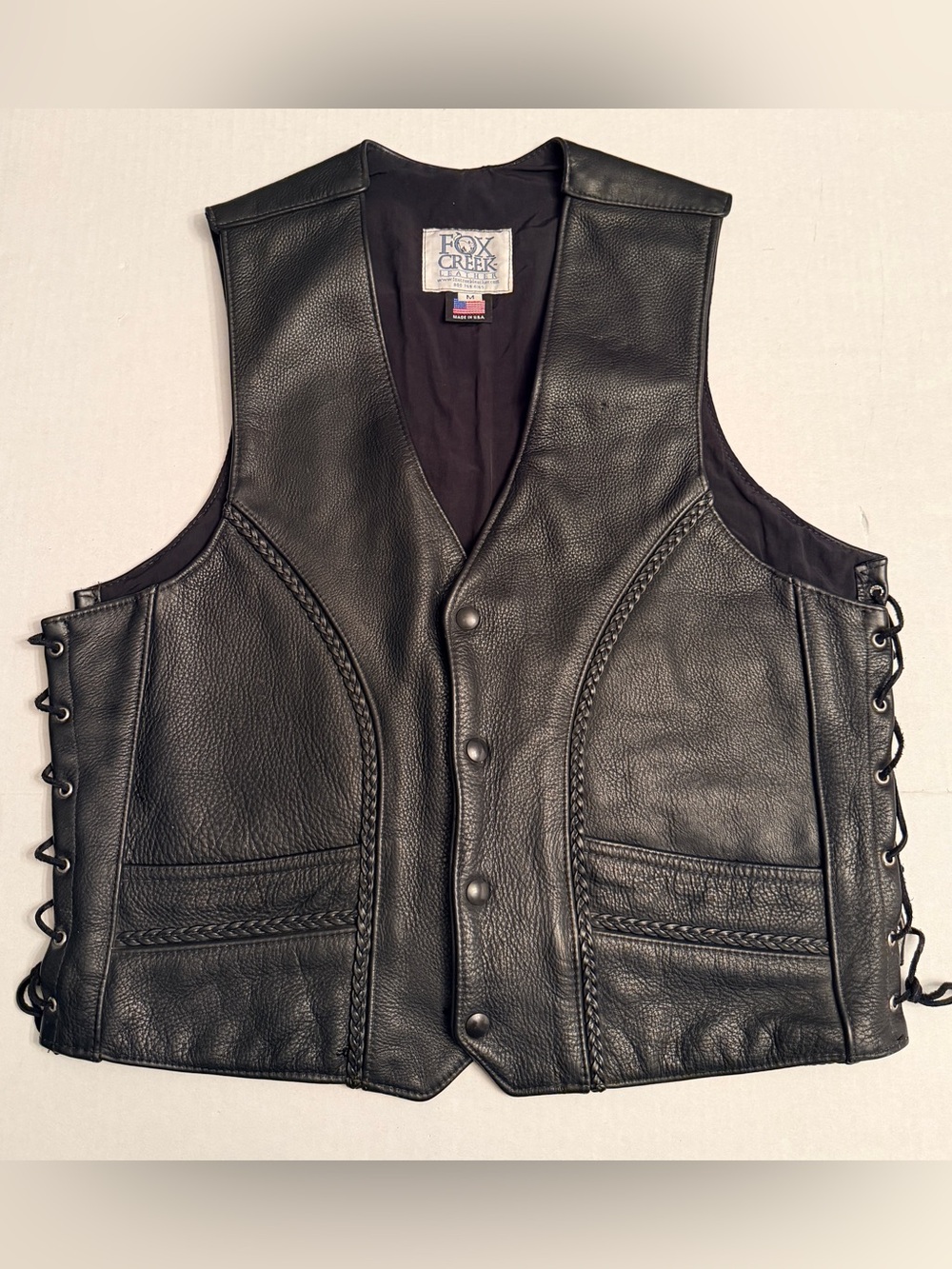 Fox Creek Size Medium Black Leather Riding Vest Motorcycle Snaps Side Tie Lined